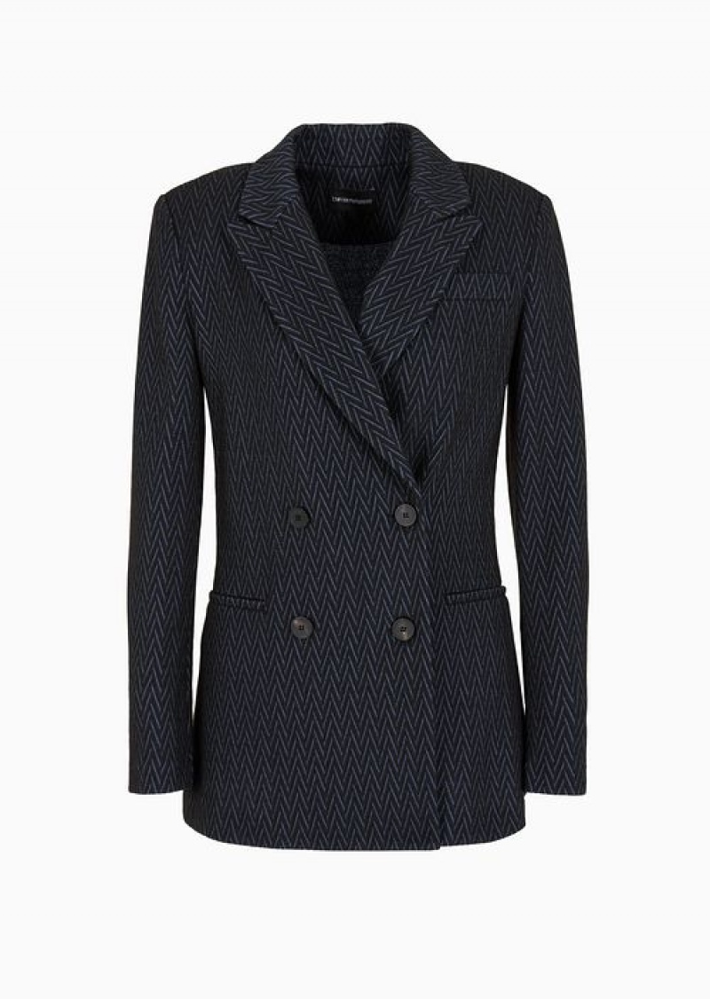 Blue Emporio Armani Double-breasted Blazer In Jacquard Jersey With A Chevron Motif | EA-SN56445