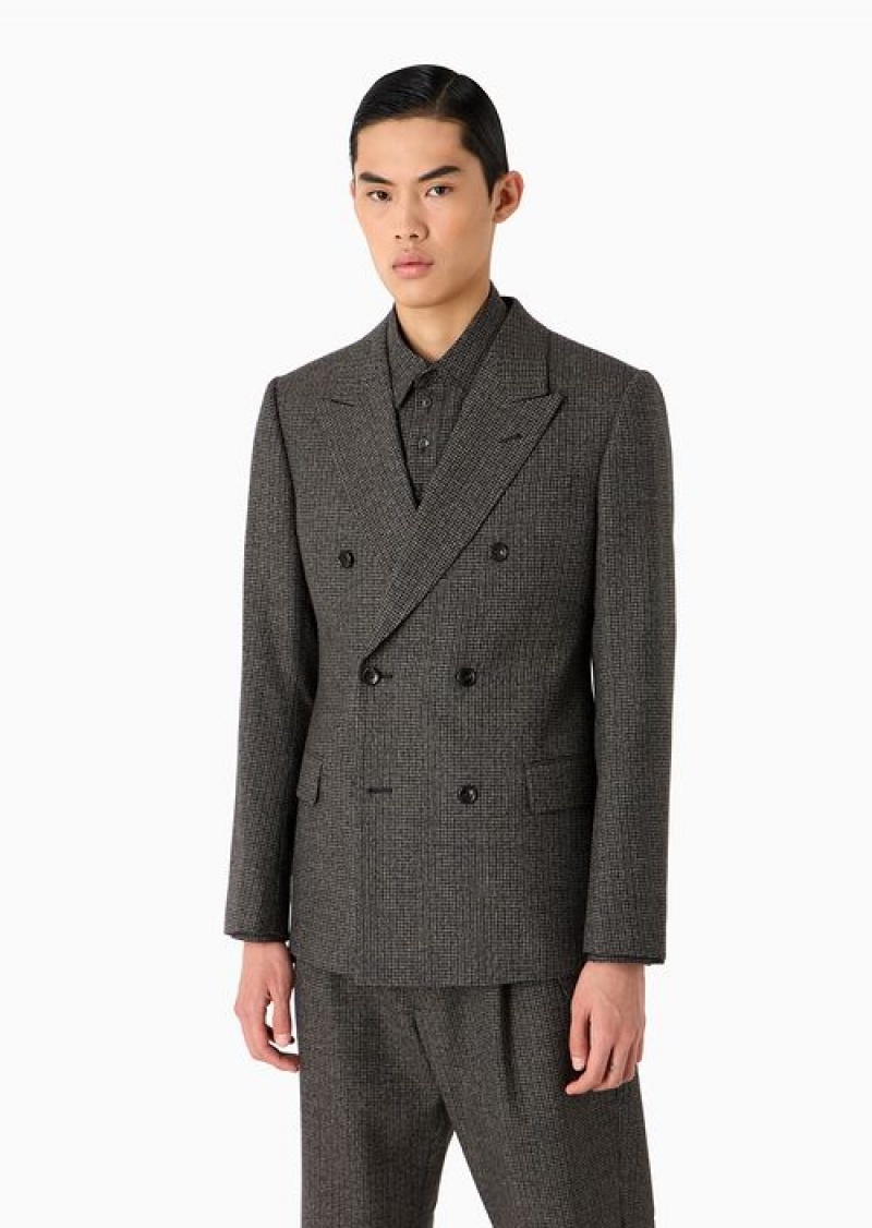 Blue Emporio Armani Double-breasted Jacket In Compact Houndstooth Virgin Wool | EA-SN57778