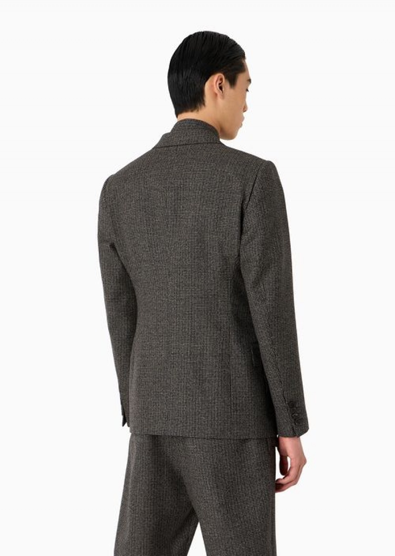 Blue Emporio Armani Double-breasted Jacket In Compact Houndstooth Virgin Wool | EA-SN57778