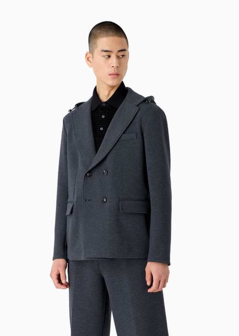 Blue Emporio Armani Double-breasted Jacket With Lapels And Hood In Technical Jersey | EA-SN57833