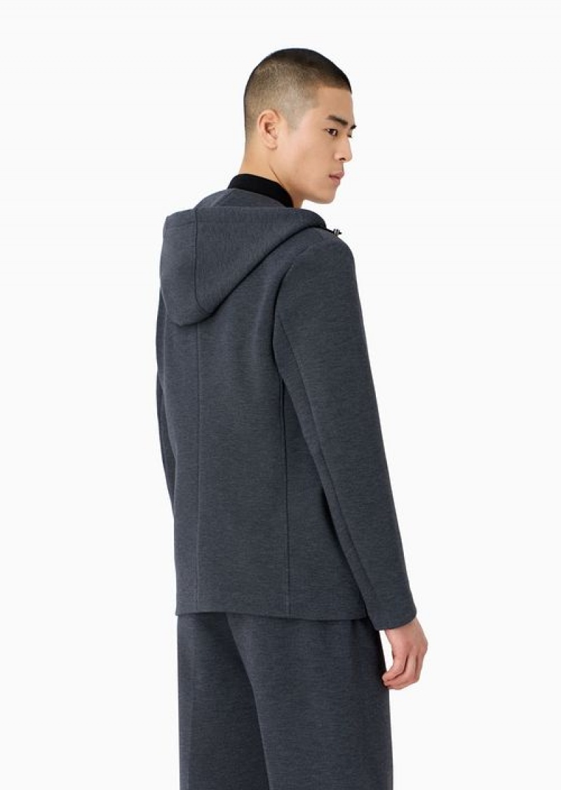 Blue Emporio Armani Double-breasted Jacket With Lapels And Hood In Technical Jersey | EA-SN57833