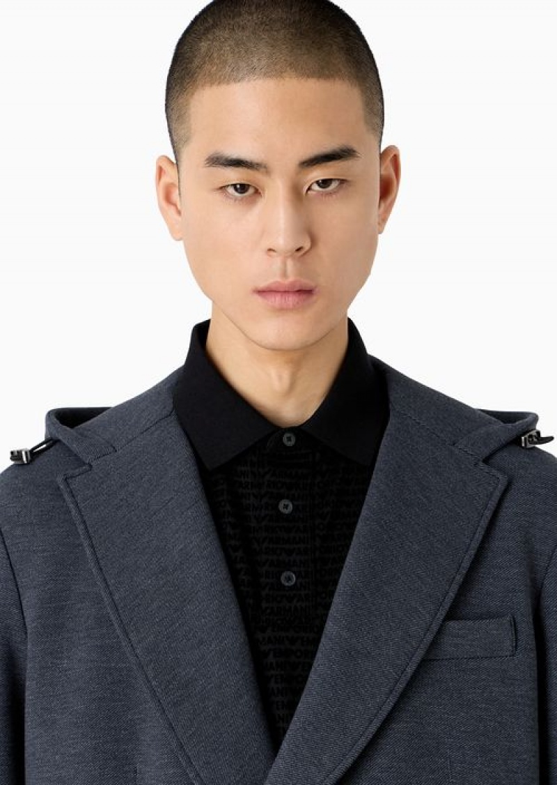 Blue Emporio Armani Double-breasted Jacket With Lapels And Hood In Technical Jersey | EA-SN57833