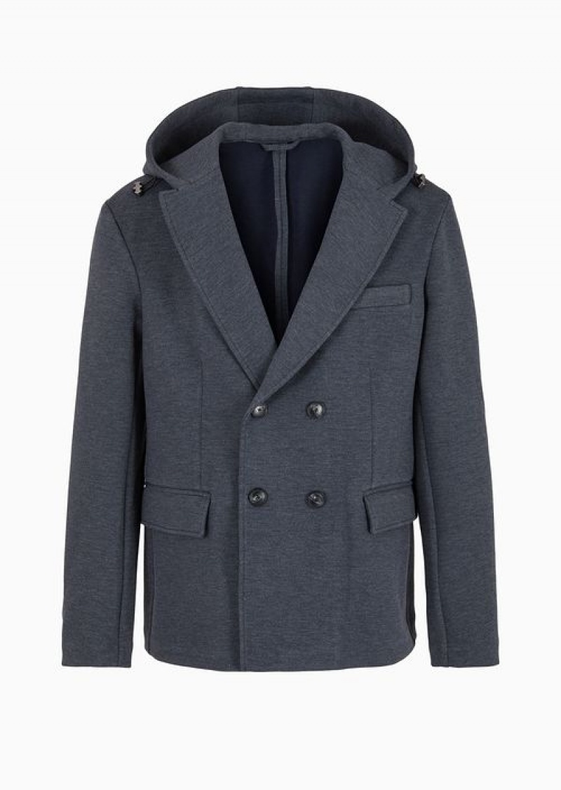 Blue Emporio Armani Double-breasted Jacket With Lapels And Hood In Technical Jersey | EA-SN57833