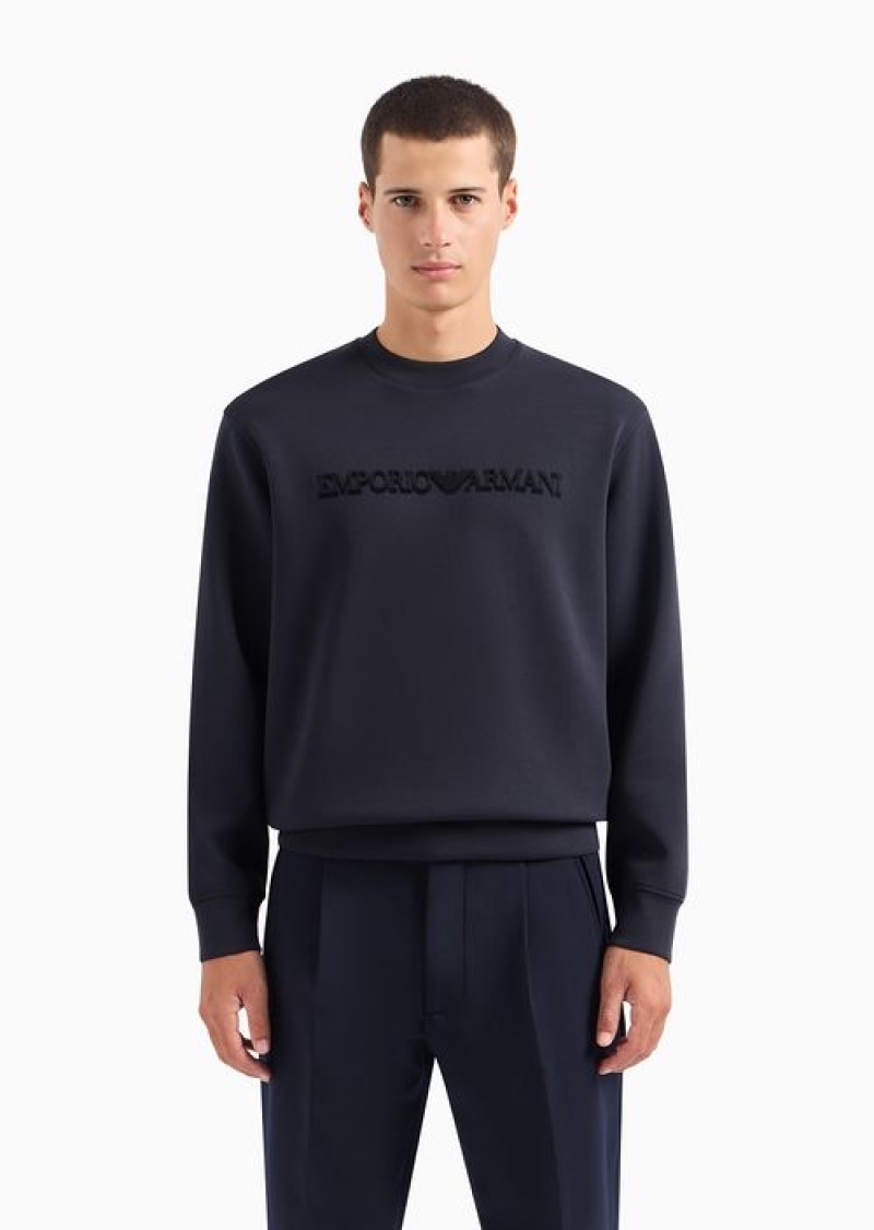 Blue Emporio Armani Double-jersey Sweatshirt With Flocked Logo Print | EA-SN58484