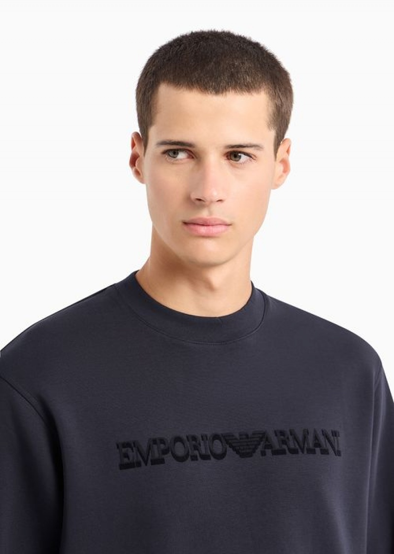 Blue Emporio Armani Double-jersey Sweatshirt With Flocked Logo Print | EA-SN58484