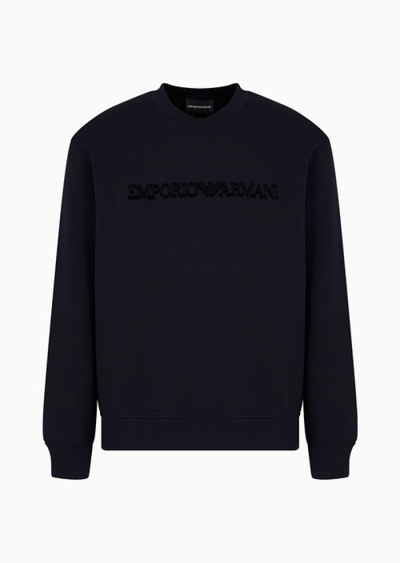 Blue Emporio Armani Double-jersey Sweatshirt With Flocked Logo Print | EA-SN58484