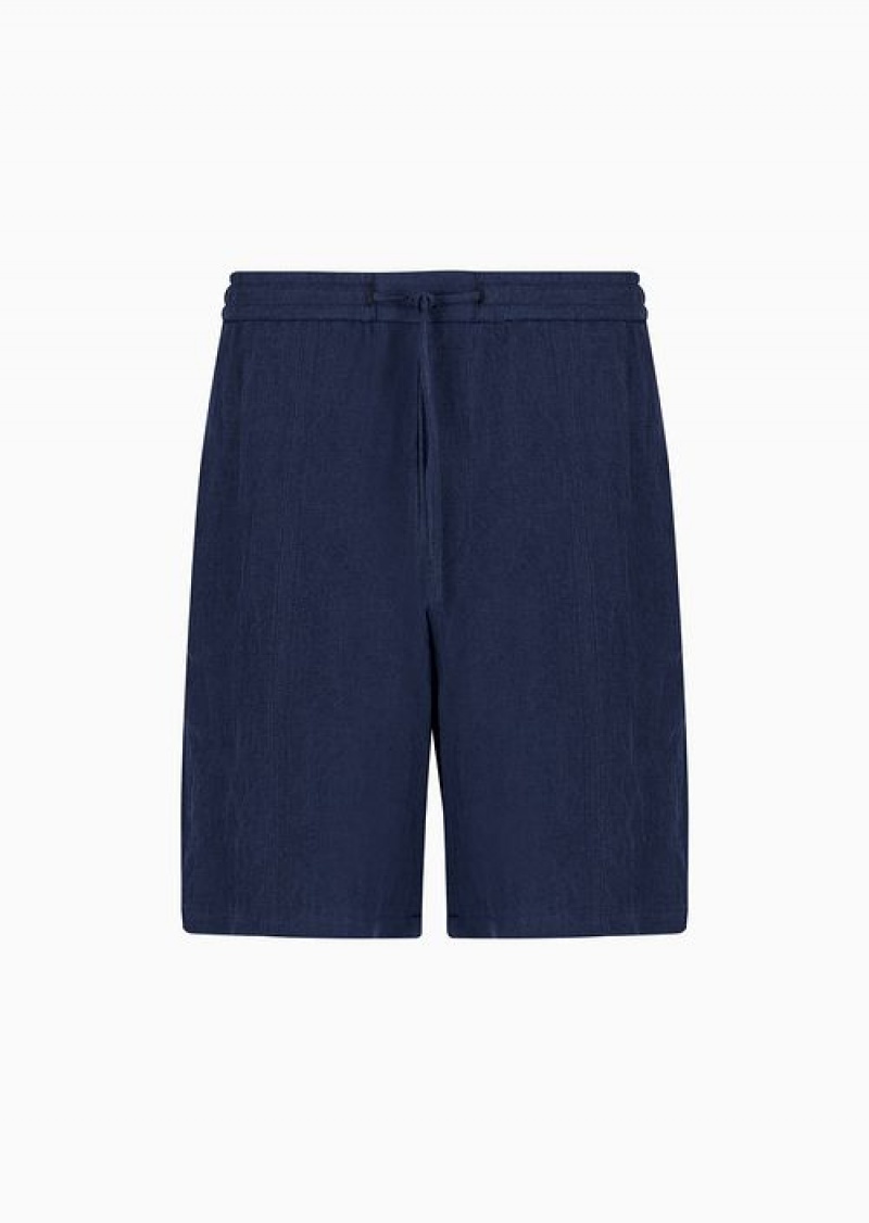 Blue Emporio Armani Faded Linen With A CrêPe Texture Drawstring Board Shorts With Drawstring | EA-SN58374