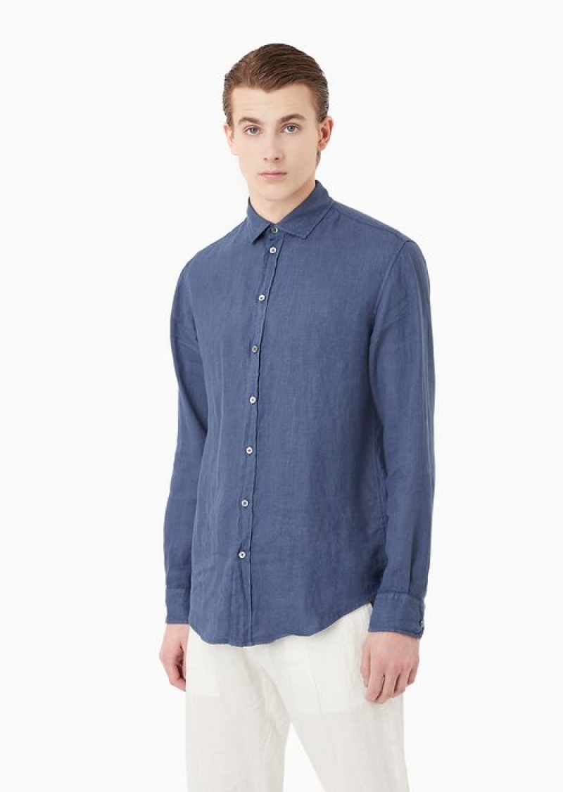 Blue Emporio Armani Garment-dyed Linen Shirt With French Collar | EA-SN57847