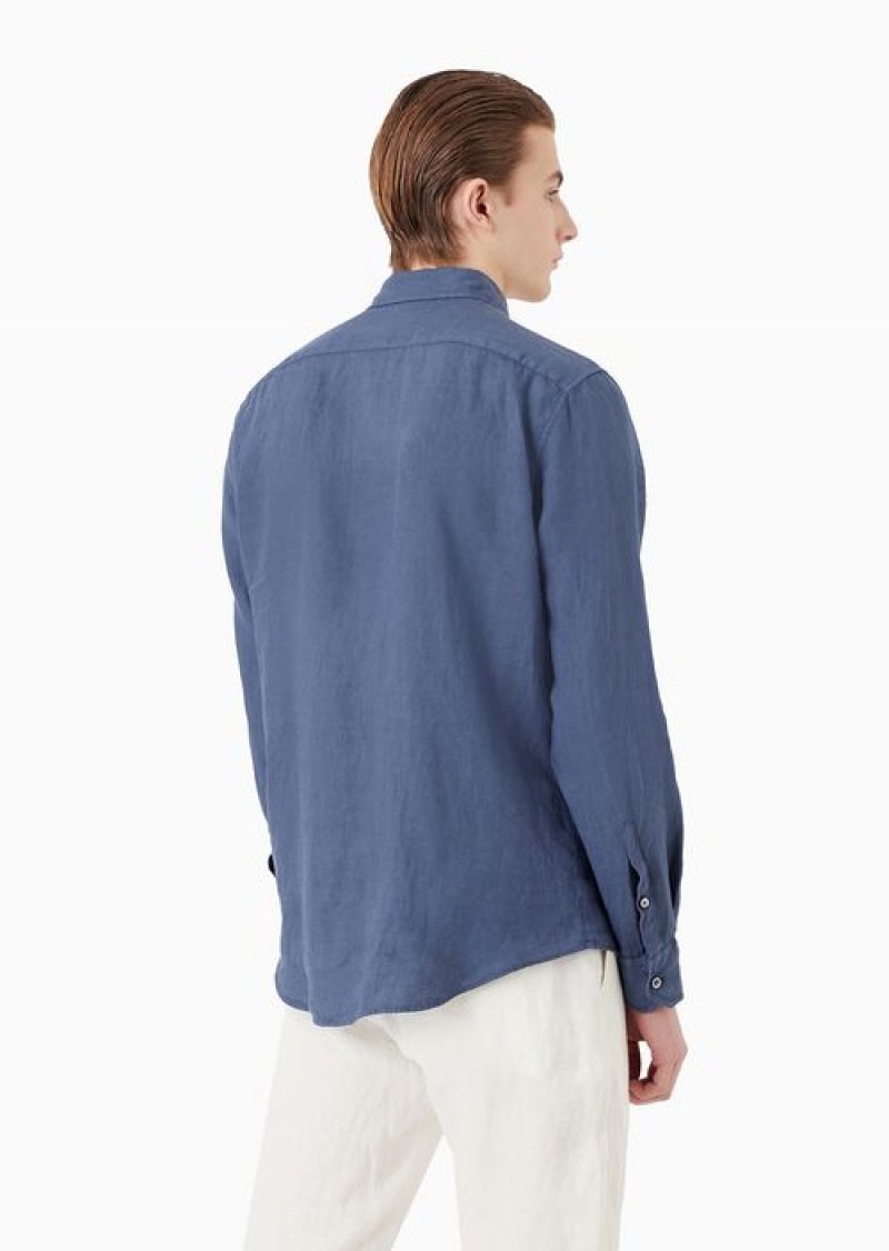 Blue Emporio Armani Garment-dyed Linen Shirt With French Collar | EA-SN57847