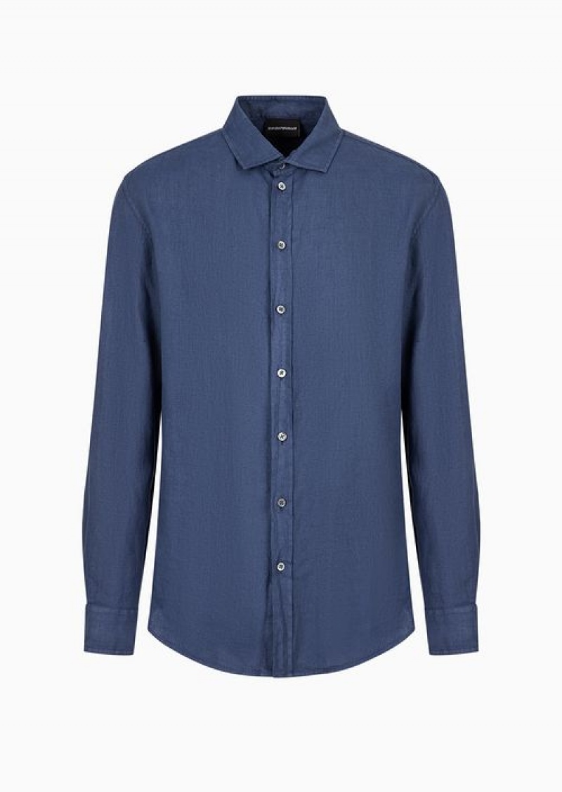 Blue Emporio Armani Garment-dyed Linen Shirt With French Collar | EA-SN57847