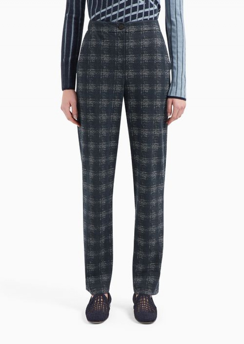 Blue Emporio Armani Icon Jacquard Jersey Trousers With Madras Print | EA-SN56881