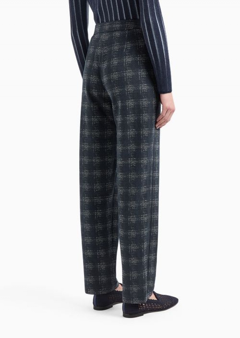 Blue Emporio Armani Icon Jacquard Jersey Trousers With Madras Print | EA-SN56881