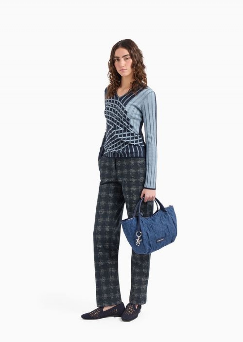 Blue Emporio Armani Icon Jacquard Jersey Trousers With Madras Print | EA-SN56881