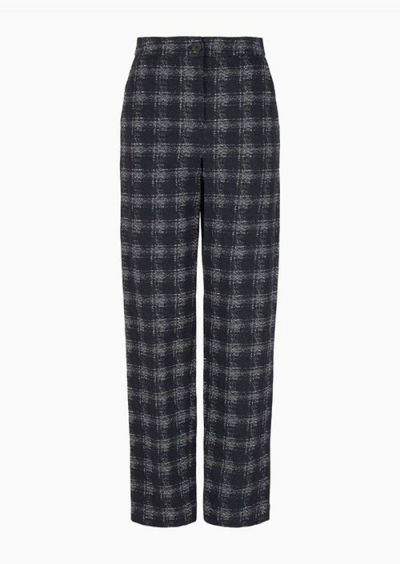 Blue Emporio Armani Icon Jacquard Jersey Trousers With Madras Print | EA-SN56881