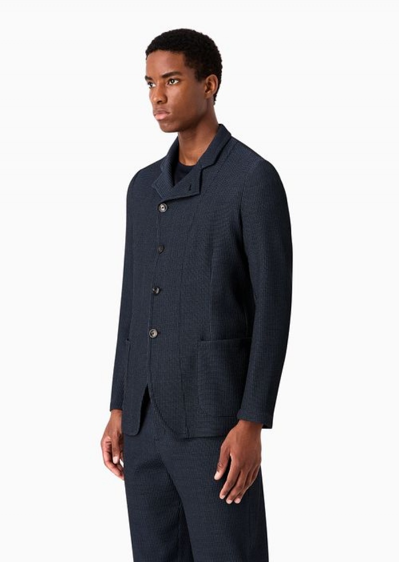 Blue Emporio Armani Jacket With Guru Collar And Off-centre Fastening In Micro-textured Virgin Wool With A 3d Effect | EA-SN57789