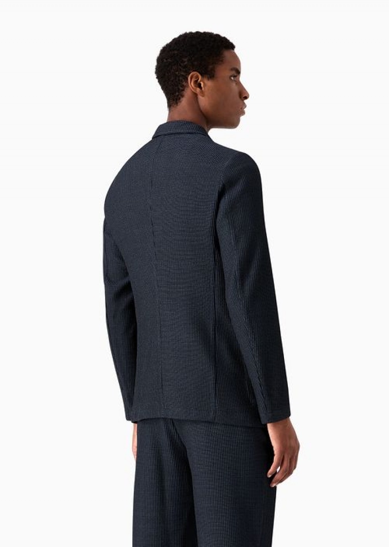 Blue Emporio Armani Jacket With Guru Collar And Off-centre Fastening In Micro-textured Virgin Wool With A 3d Effect | EA-SN57789