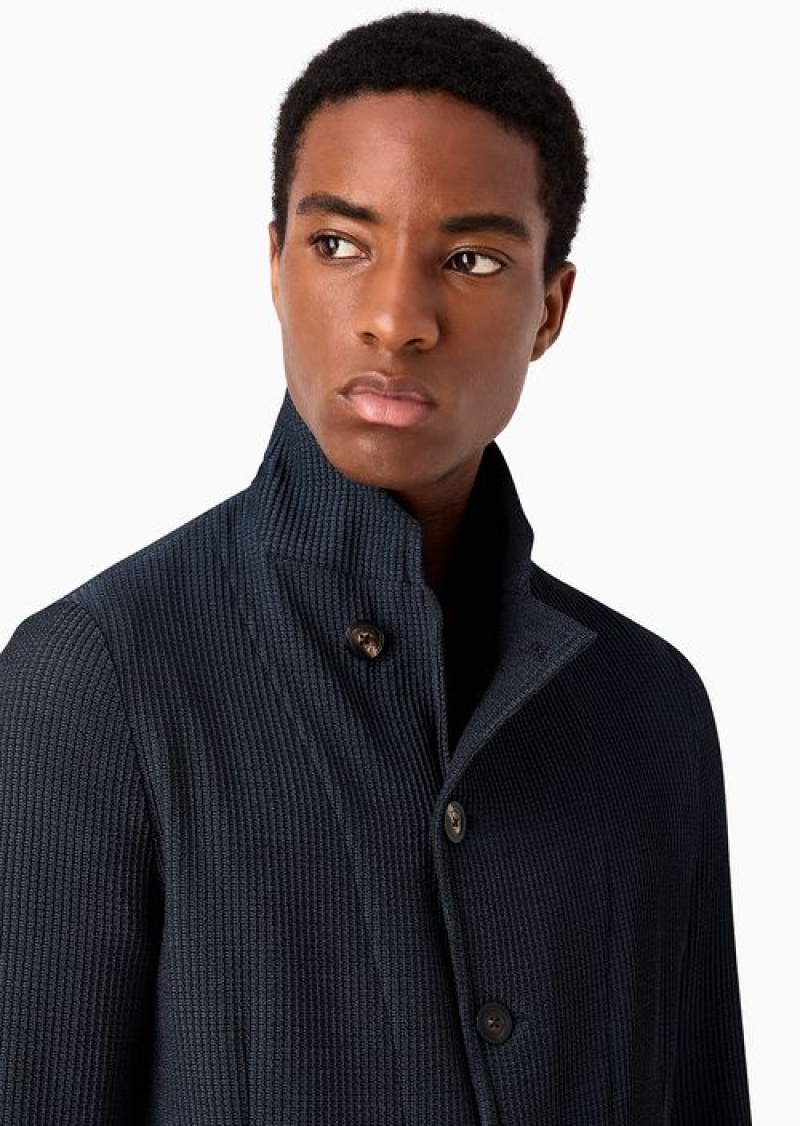 Blue Emporio Armani Jacket With Guru Collar And Off-centre Fastening In Micro-textured Virgin Wool With A 3d Effect | EA-SN57789