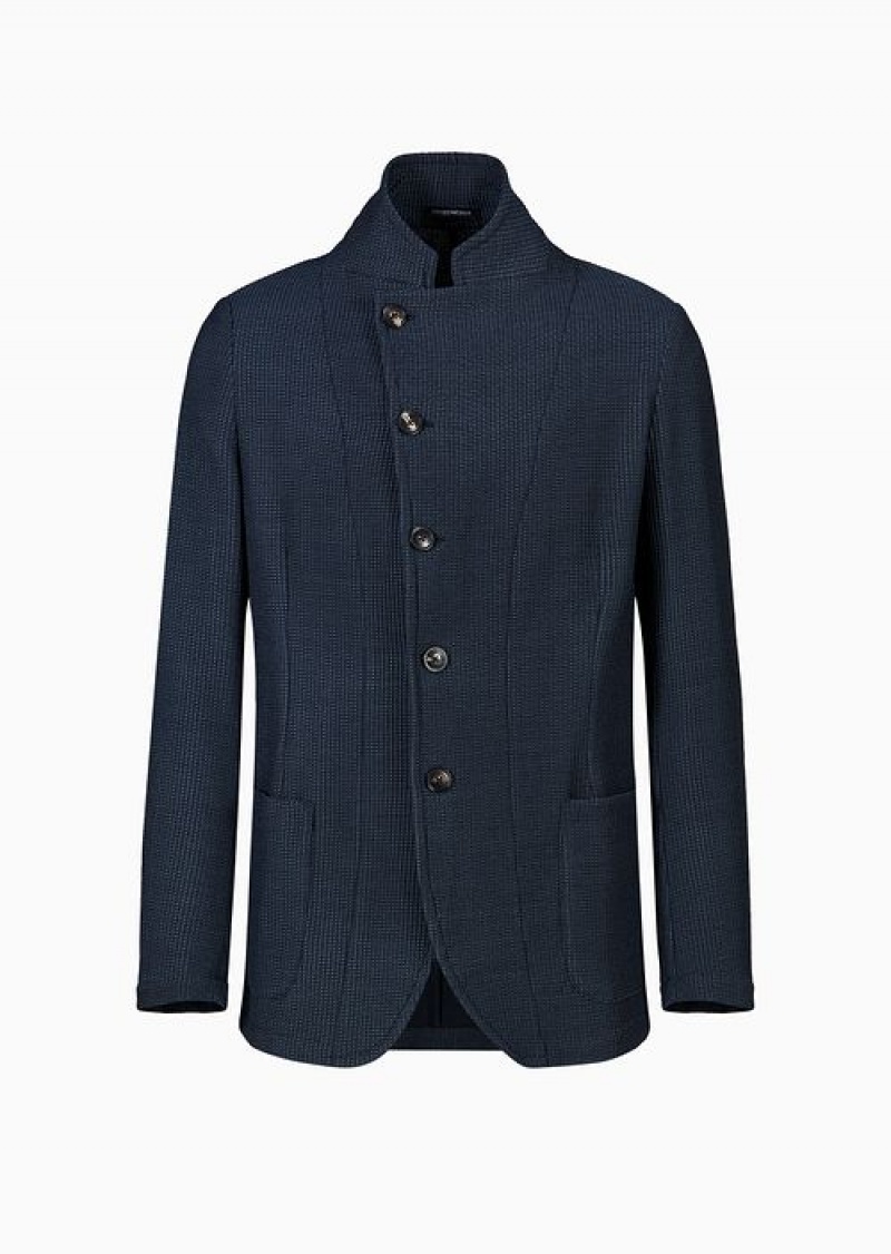 Blue Emporio Armani Jacket With Guru Collar And Off-centre Fastening In Micro-textured Virgin Wool With A 3d Effect | EA-SN57789