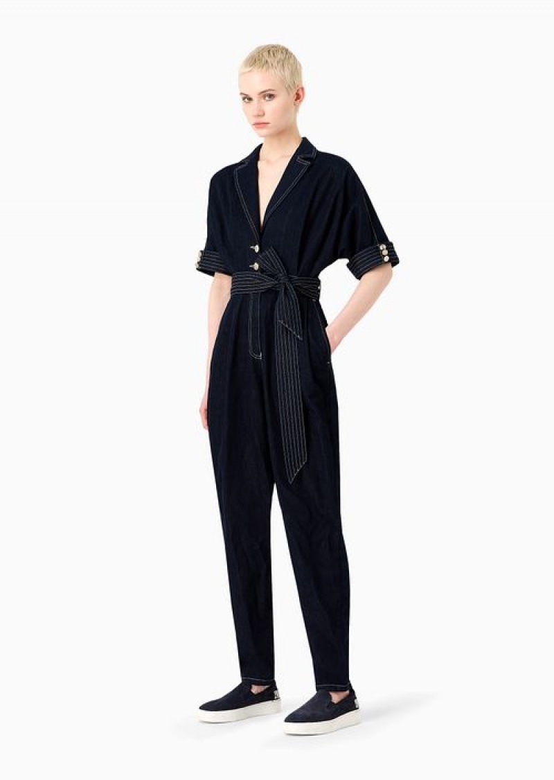 Blue Emporio Armani Lyocell-blend Denim Jumpsuit With Lapels And Sash | EA-SN56506