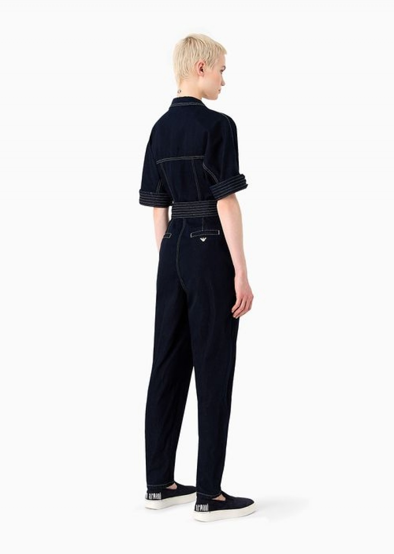 Blue Emporio Armani Lyocell-blend Denim Jumpsuit With Lapels And Sash | EA-SN56506