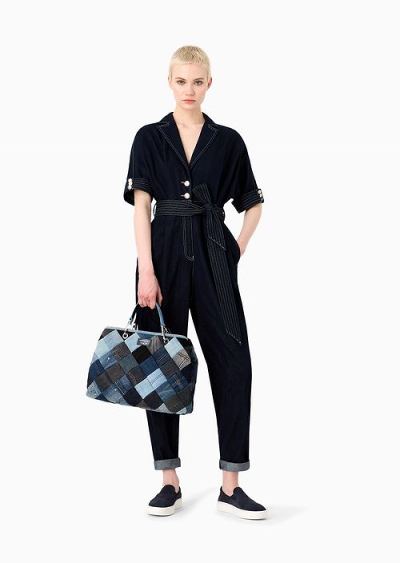 Blue Emporio Armani Lyocell-blend Denim Jumpsuit With Lapels And Sash | EA-SN56506