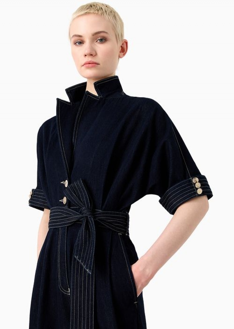 Blue Emporio Armani Lyocell-blend Denim Jumpsuit With Lapels And Sash | EA-SN56506