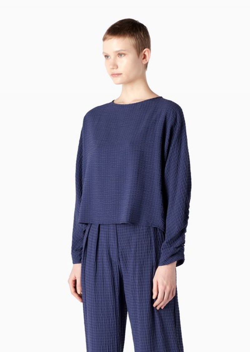 Blue Emporio Armani Lyocell-blend Technical Seersucker Blouse With Elasticated Insert | EA-SN56936