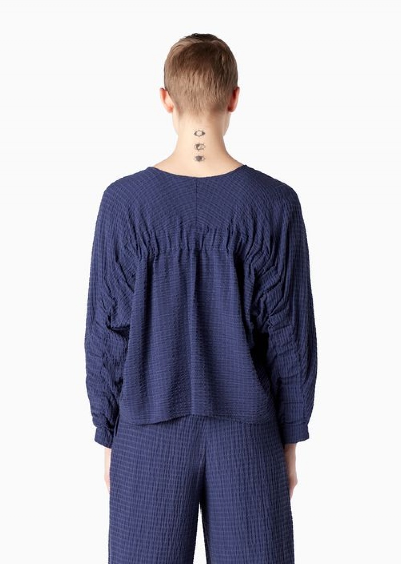 Blue Emporio Armani Lyocell-blend Technical Seersucker Blouse With Elasticated Insert | EA-SN56936