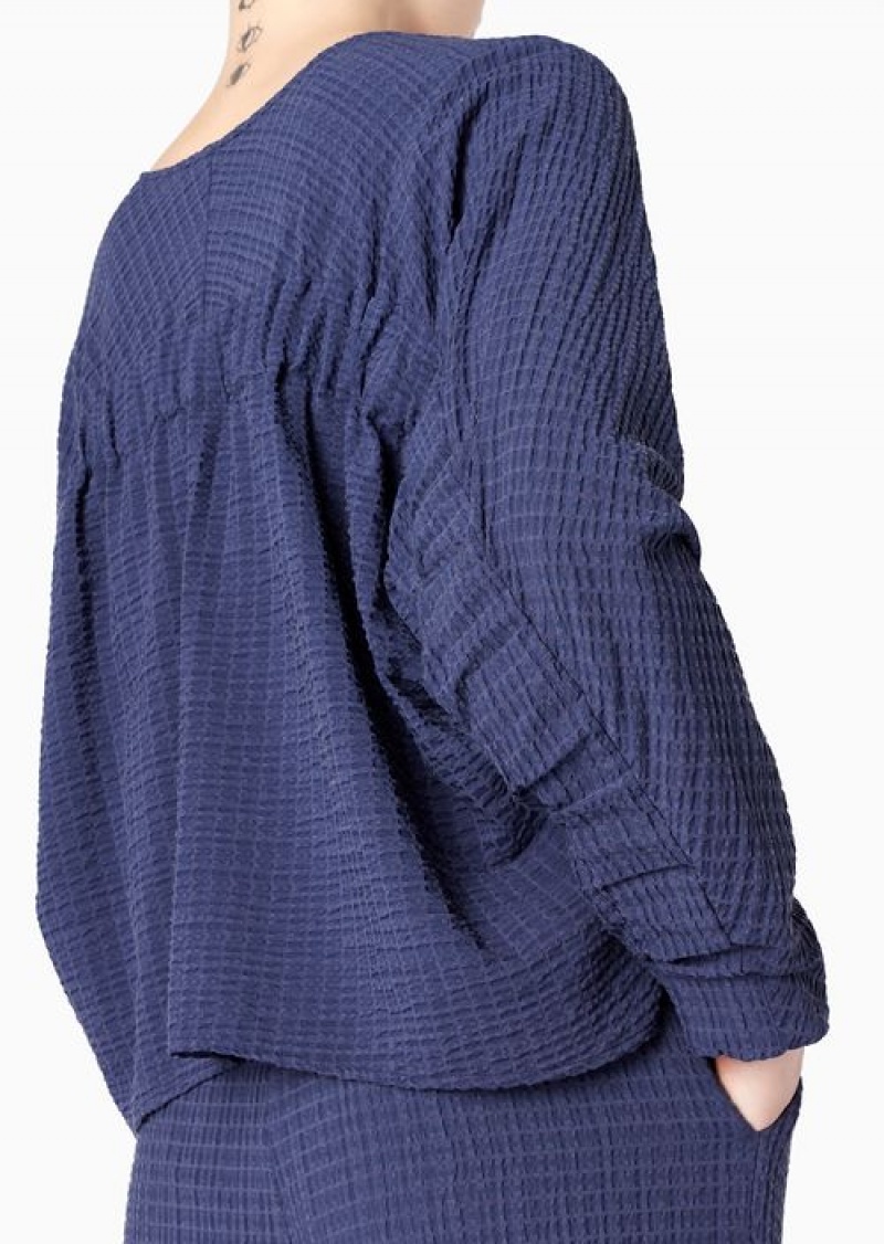 Blue Emporio Armani Lyocell-blend Technical Seersucker Blouse With Elasticated Insert | EA-SN56936