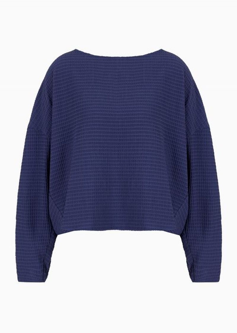 Blue Emporio Armani Lyocell-blend Technical Seersucker Blouse With Elasticated Insert | EA-SN56936