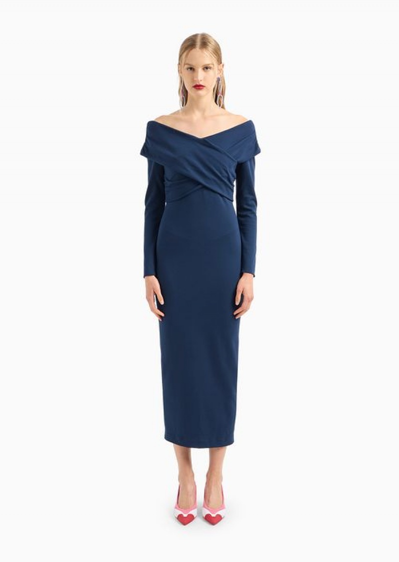 Blue Emporio Armani Milano-stitch Fabric Midi Dress With Cross-over Neckline | EA-SN56525