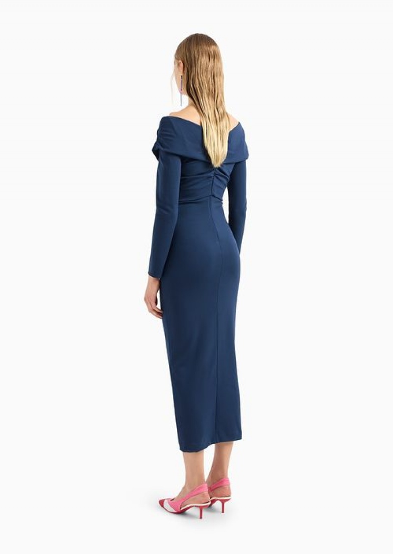 Blue Emporio Armani Milano-stitch Fabric Midi Dress With Cross-over Neckline | EA-SN56525