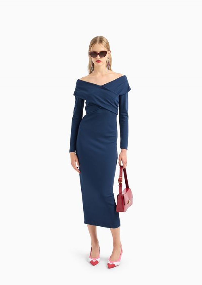 Blue Emporio Armani Milano-stitch Fabric Midi Dress With Cross-over Neckline | EA-SN56525