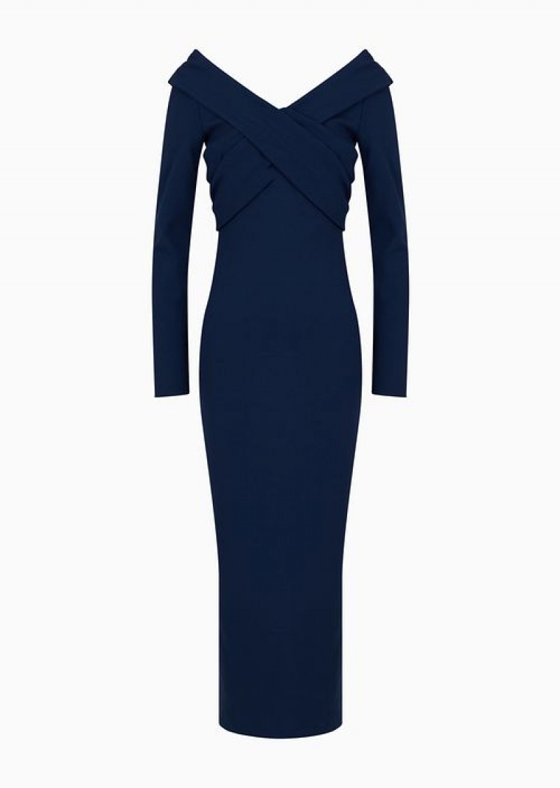 Blue Emporio Armani Milano-stitch Fabric Midi Dress With Cross-over Neckline | EA-SN56525