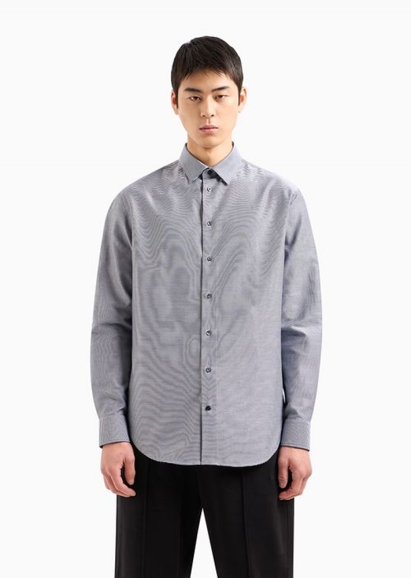 Blue Emporio Armani Modern-fit, Striped Twill Shirt | EA-SN57914