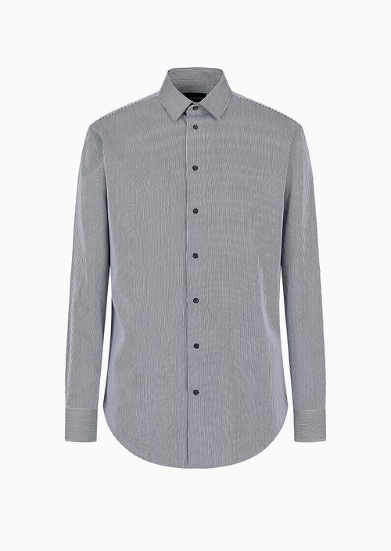 Blue Emporio Armani Modern-fit, Striped Twill Shirt | EA-SN57914