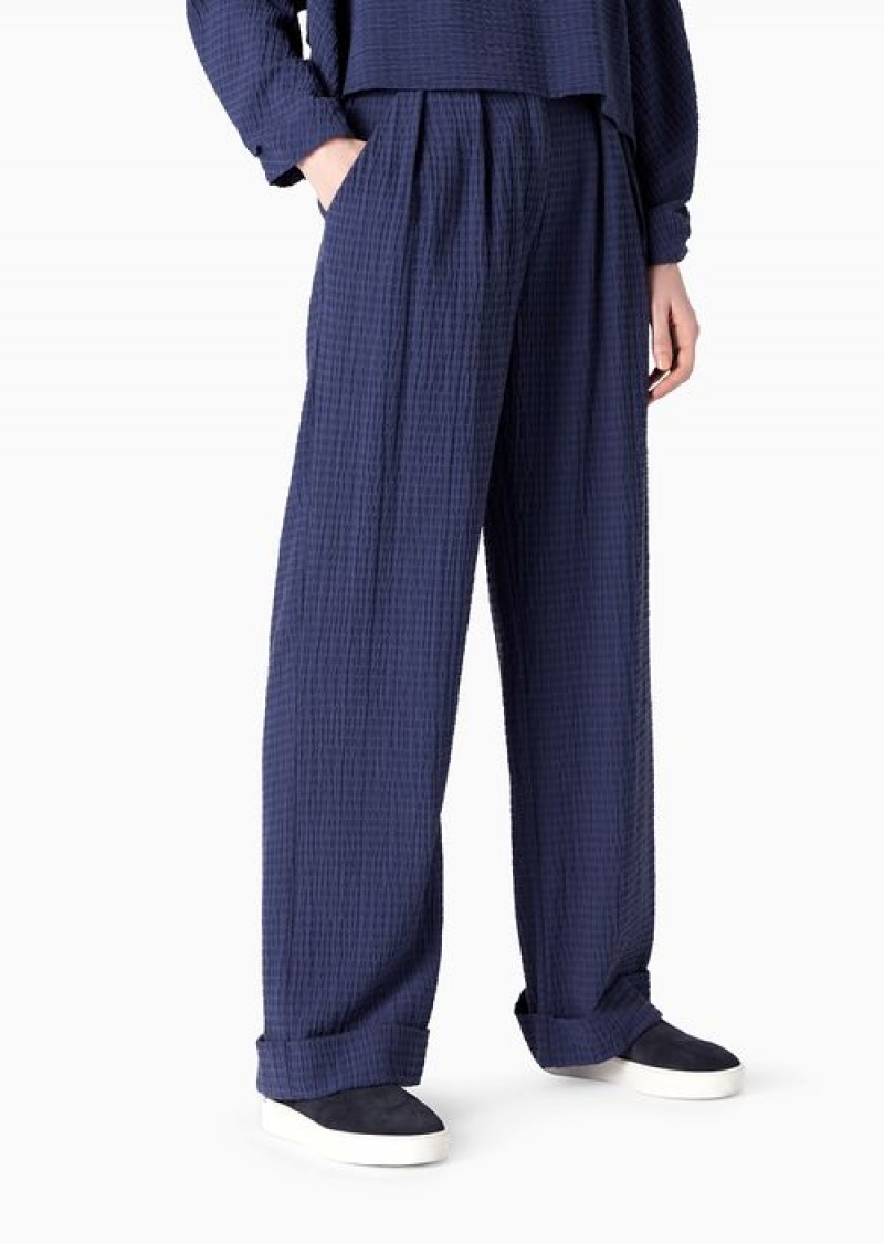 Blue Emporio Armani Palazzo Trousers With Darts In A Lyocell Blend Technical Seersucker | EA-SN56832