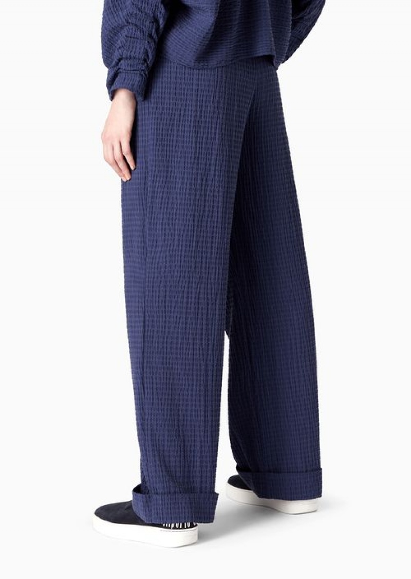 Blue Emporio Armani Palazzo Trousers With Darts In A Lyocell Blend Technical Seersucker | EA-SN56832