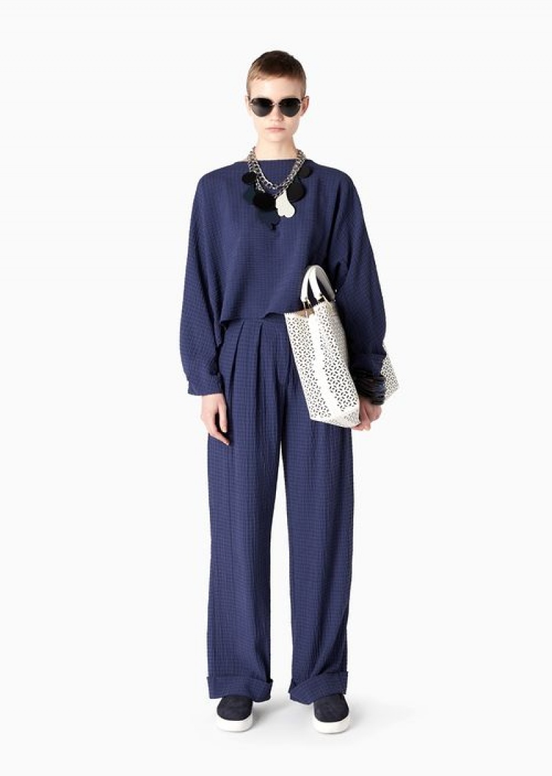 Blue Emporio Armani Palazzo Trousers With Darts In A Lyocell Blend Technical Seersucker | EA-SN56832