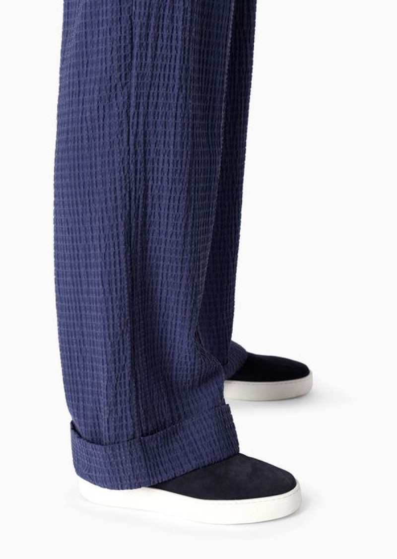 Blue Emporio Armani Palazzo Trousers With Darts In A Lyocell Blend Technical Seersucker | EA-SN56832