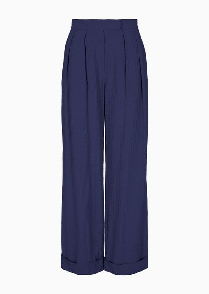 Blue Emporio Armani Palazzo Trousers With Darts In A Lyocell Blend Technical Seersucker | EA-SN56832