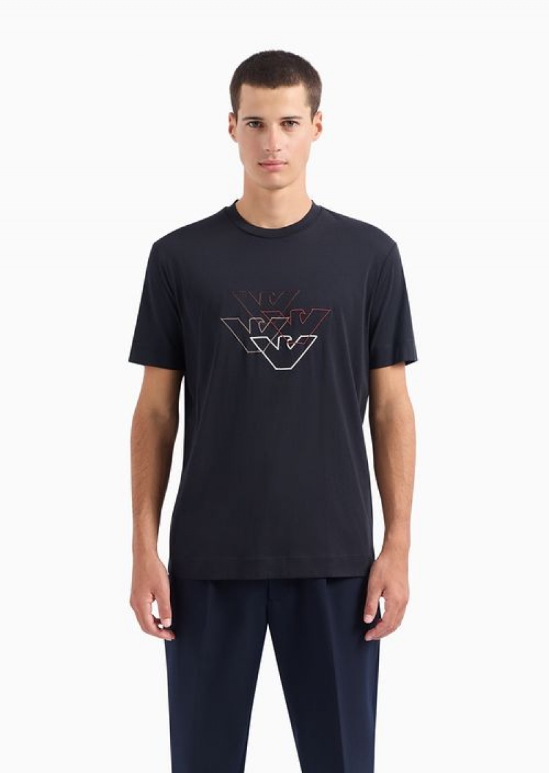 Blue Emporio Armani Pima Jersey T-shirt With Logo Embroidery | EA-SN58604