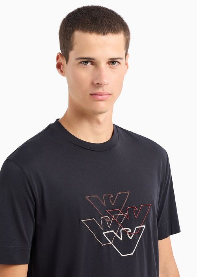 Blue Emporio Armani Pima Jersey T-shirt With Logo Embroidery | EA-SN58604