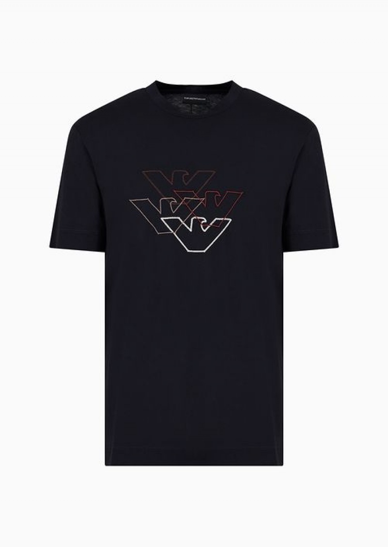 Blue Emporio Armani Pima Jersey T-shirt With Logo Embroidery | EA-SN58604