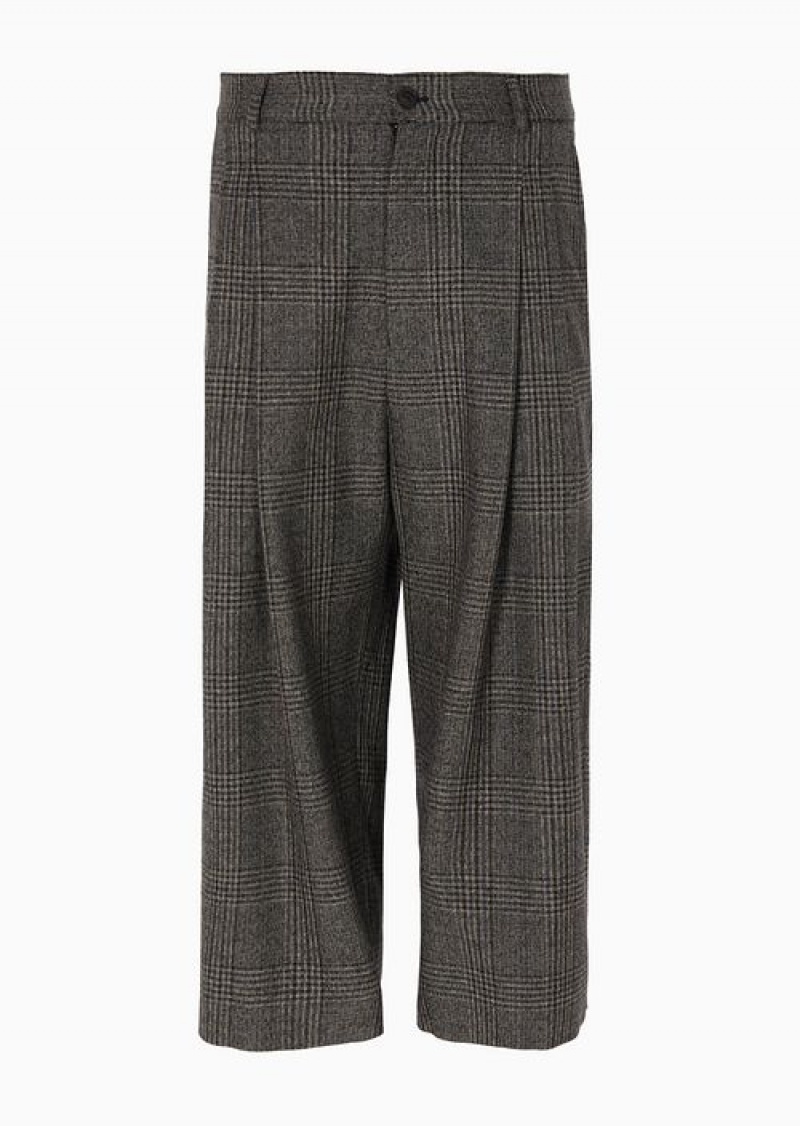 Blue Emporio Armani Prince Of Wales Check Virgin-wool Capri Trousers With Darts | EA-SN58293