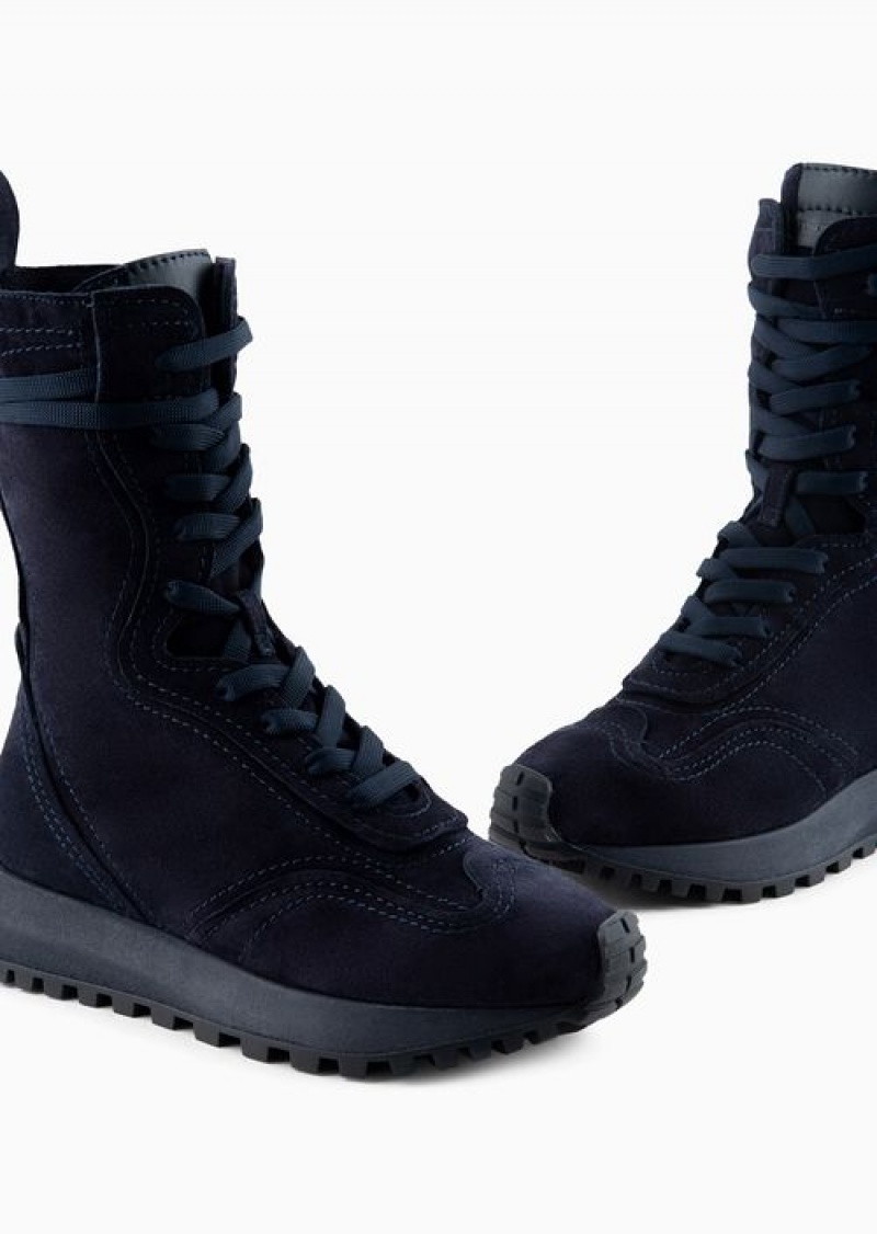 Blue Emporio Armani Raw-edge Split Cowhide Lace-up Ankle Boots | EA-SN57188