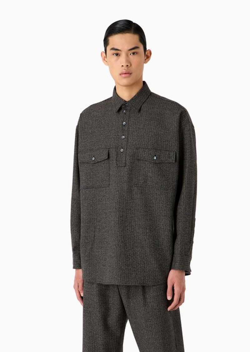 Blue Emporio Armani Shirt With Partial Closure In Compact Houndstooth Virgin Wool | EA-SN57886