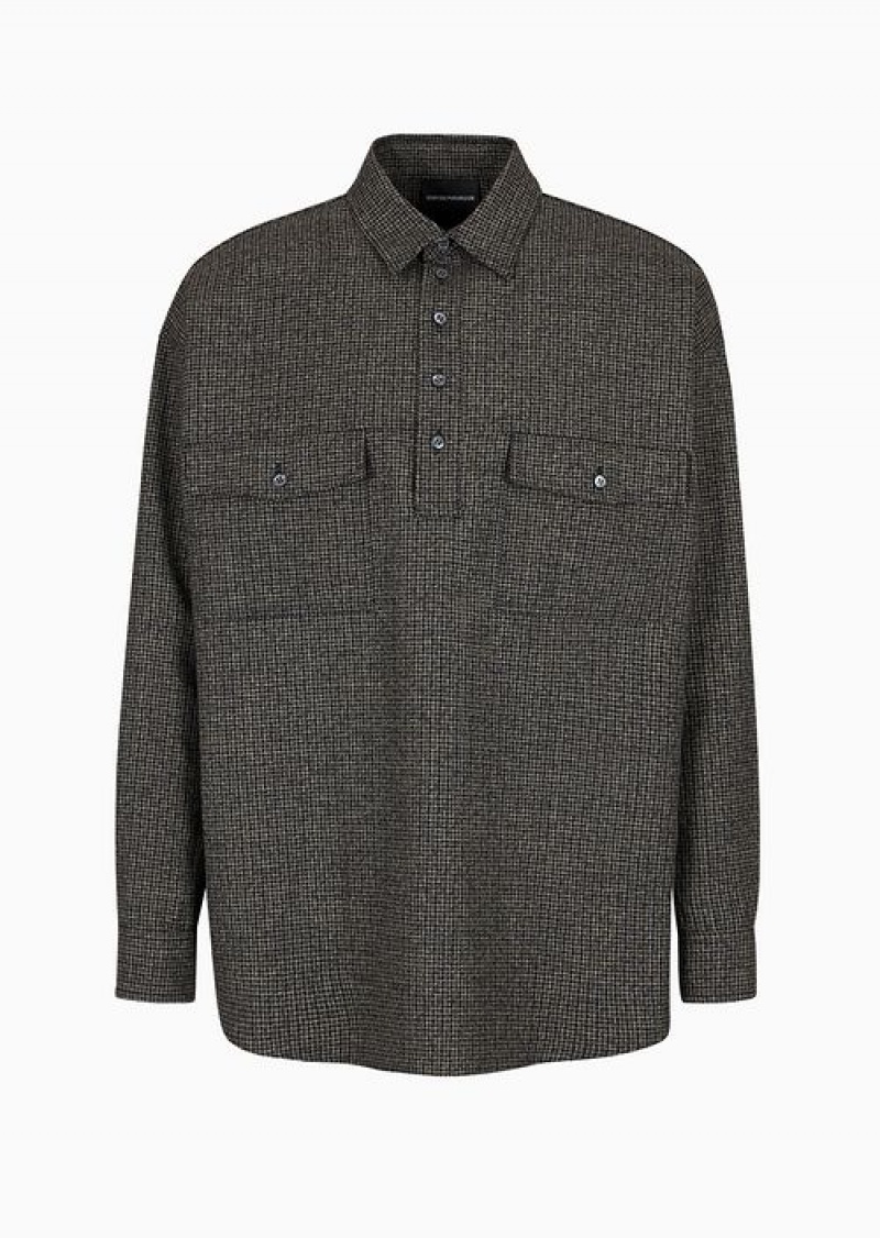 Blue Emporio Armani Shirt With Partial Closure In Compact Houndstooth Virgin Wool | EA-SN57886