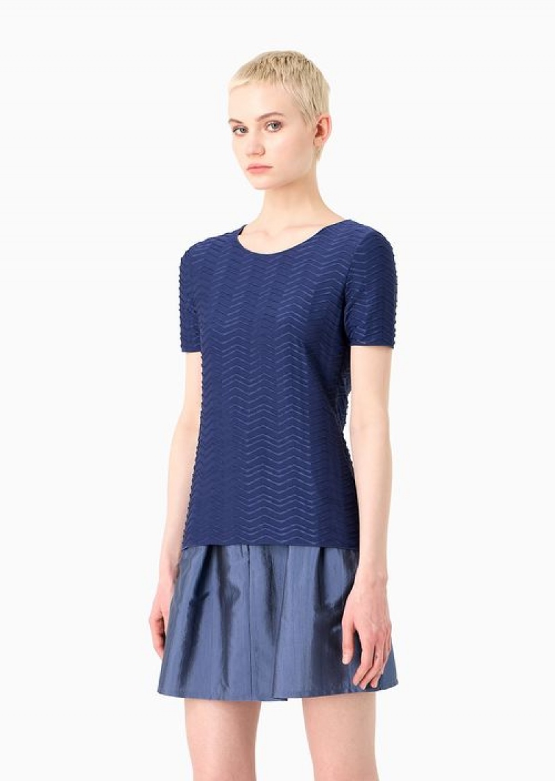 Blue Emporio Armani Short-sleeved Jersey Jumper With Embossed Waves Motif | EA-SN57023