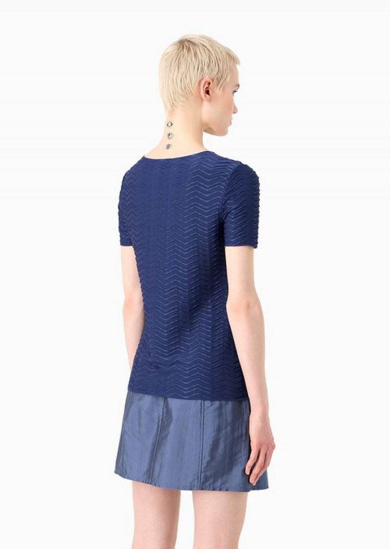 Blue Emporio Armani Short-sleeved Jersey Jumper With Embossed Waves Motif | EA-SN57023